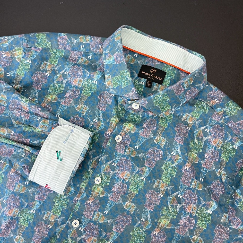 Simon Carter Shirt Mens 44 Blue Fish Slim Fit Button Up Long Sleeve Flip Cuff
